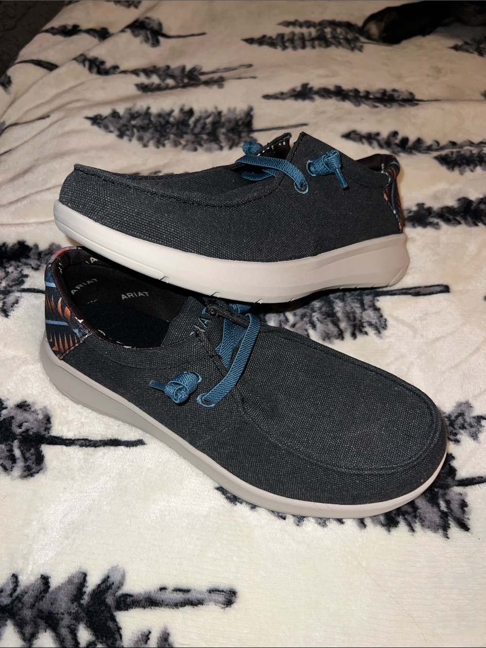 Ariat Charcoal Canvas Slip-On Loafers with Blue Lace Accents